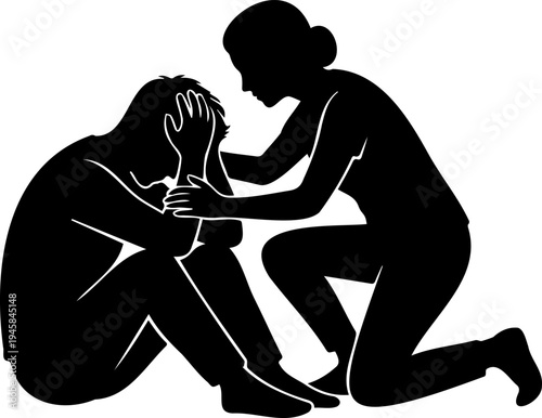 Woman comforting a sad man sitting on floor, empathy silhouette vector