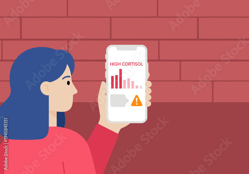 A young woman monitors high cortisol levels on her smartphone, displaying a stress alert.  Illustrative graphic emphasizes stress monitoring and cortisol levels. Modern, digital health concept.