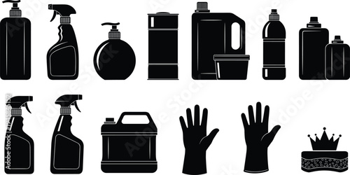 Cleaning product bottle silhouette set, spray bottle, detergent container, rubber gloves, sponge icons collection isolated for hygiene service design