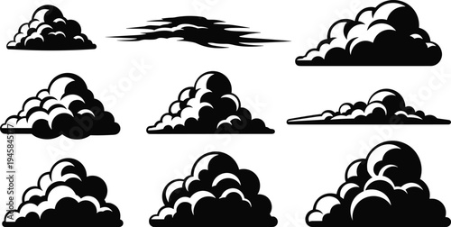 Set of black cloud silhouettes and comic style weather icons for sky background nature design stormy atmosphere and fluffy vector elements