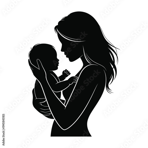 Black silhouette of woman holding baby with flower
