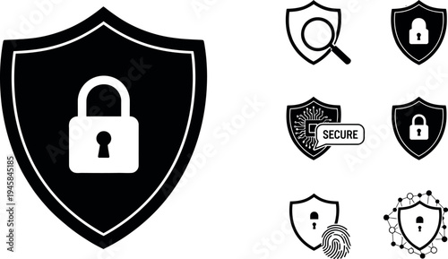 A comprehensive set of security shield icons and vector symbols designed for business web internet and medical concepts illustrating a professional sign design for people