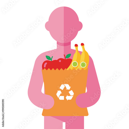 A pink shopper carries a reusable bag filled with fresh fruit. Modern, flat design illustration promoting eco-friendly shopping. Bright colors and clean composition.