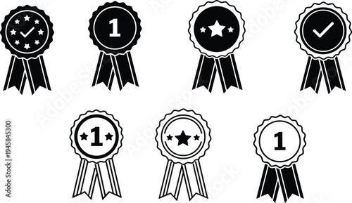 Award ribbons collection, achievement badges, gamification icons, recognition symbols, digital rewards, heart star ribbon, number one badge, check mark medal