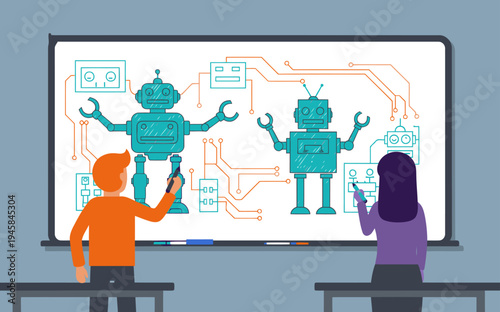 Students design robots on a whiteboard with a teacher. Modern, collaborative learning scene with robot sketches. Bright, engaging visual.