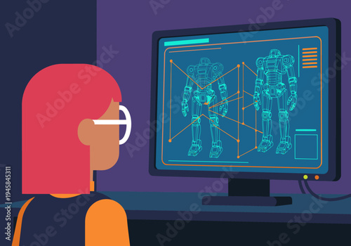 A young woman studies robot blueprints on a computer screen. A futuristic design is displayed, showcasing a detailed robot model. Modern, tech-focused illustration.