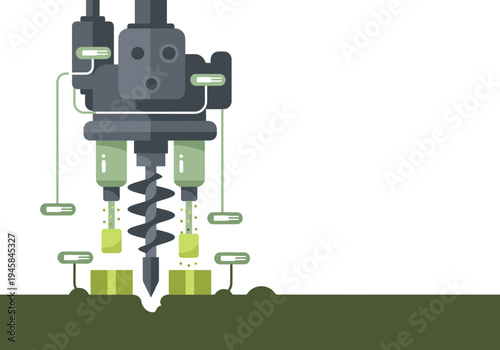 A stylized illustration depicts a bioremediation soil repair drill actively working on soil. Modern, clean design with a focus on environmental technology. Suitable for commercial use.