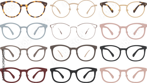 eyewear vector set featuring various fashion glasses frame shapes and colors for optometry and retail branding,