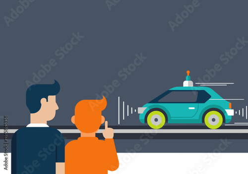 A stylized illustration depicts a futuristic autonomous car model passing two observers. Modern, clean design with a focus on technology and innovation. Suitable for tech and automotive themes.