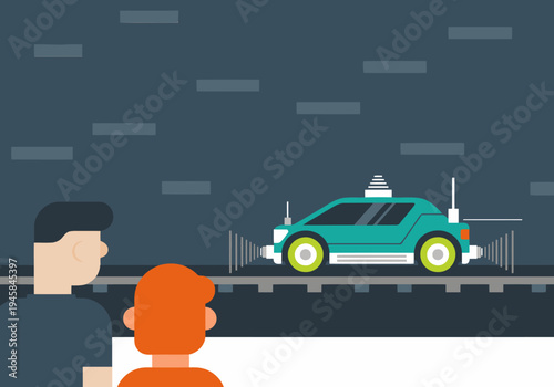 A stylized illustration showcases an autonomous car model with a human observer. Modern, flat design with a dark background and vibrant accents. Perfect for tech and innovation concepts.
