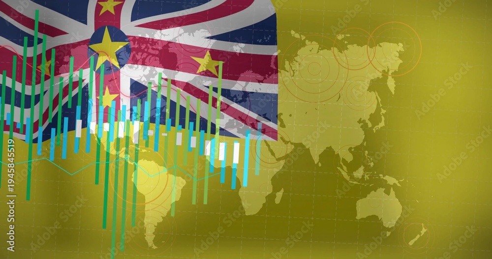 Obraz premium Displaying Niue national flag featuring vertical bar charts and world map in broadcast graphic
