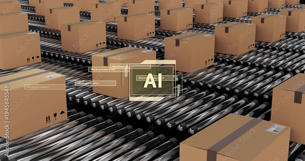 Obraz premium Moving cardboard boxes across parallel rollers in warehouse, with HUD AI overlay and barcode labels