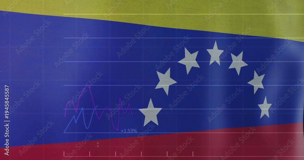 Fototapeta premium Showing Venezuelan flag on screen, rippling blue band with seven stars, magenta cyan charts +1