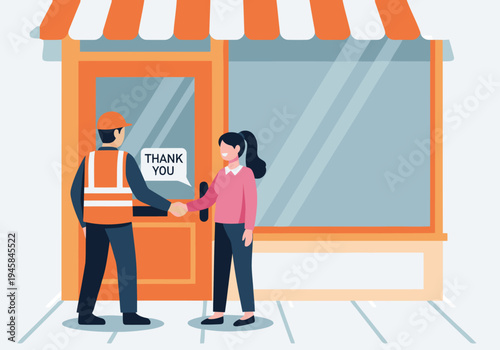 A worker shakes hands with a shop owner, expressing gratitude. Bright storefront setting with a welcoming atmosphere. Illustration style.