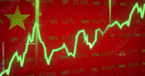 Showing neon-green line chart climbing across red trading display, with tickers, grid, yellow star