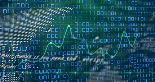 Displaying blue binary grid and neon green line chart on glossy screen in office, with ticker