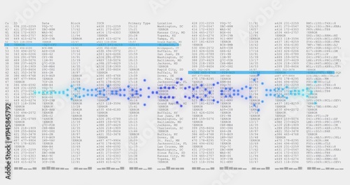 Quadro su tela Displaying blue dotted waveform across data grid on display with two cyan bars t