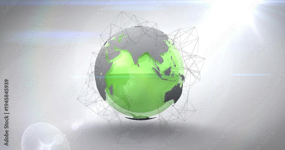 Naklejka premium Floating stylized 3D globe glowing above circular base in studio, with wireframe and green accents