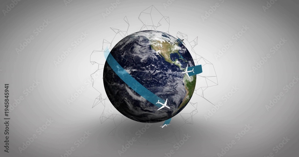 Naklejka premium Rotating globe showing Americas on grey studio backdrop with blue ribbon, planes, mesh and shadow