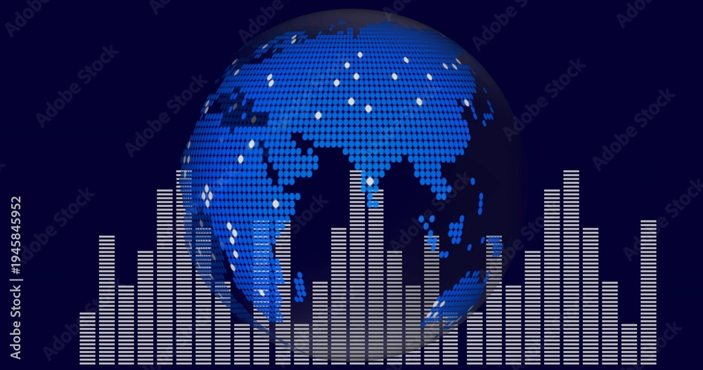 Fototapeta premium Displaying stylized blue globe pulsing with data nodes in graphic studio, with white equalizer bars