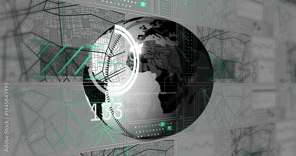 Fototapeta premium Displaying central globe on data dashboard with concentric HUD rings, maps, teal routes, readouts