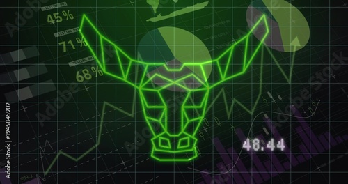 Glowing neon green polygonal bull head wireframe dominating trading dashboard with charts and 48:44