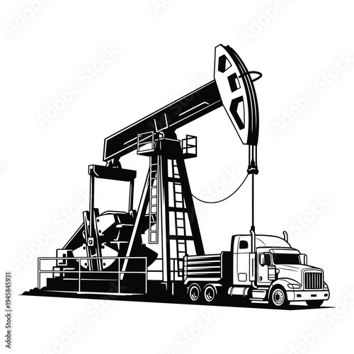Oil pumpjack and tanker truck transporting petroleum products on industrial site