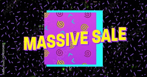 Showing bold yellow MASSIVE SALE title covering purple square on retro promo banner with cyan frame