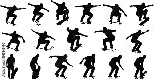 Silhouette sequence of skateboarders performing dynamic tricks and maneuvers, showing balance, jumps, and freestyle motion, representing extreme sports, athletic performance, and skateboarding s