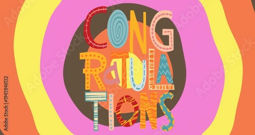 Showing CONGRATULATIONS letters sitting on flat design over dark-brown circle, coral yellow pink