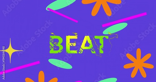Displaying central BEAT on purple background, with orange bursts, lime ovals, pink bars