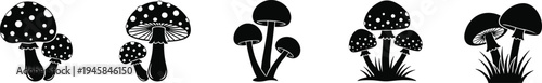 Mushroom silhouette vector icons set featuring toadstools, fungi with grass, and polka dot caps, minimalist nature elements for woodland designs.