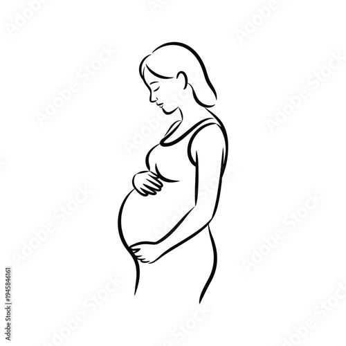 Pregnant woman standing with hands on belly line black and white