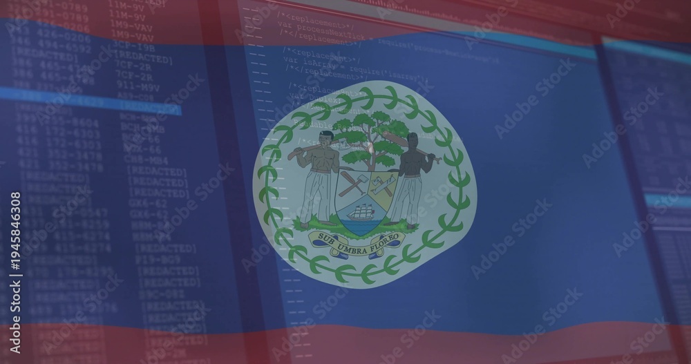 Naklejka premium Overlaying Belize flag covering monitors at tech workstation, showing coat of arms and code