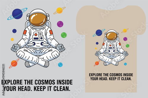 An astronaut meditating while floating in zero gravity, surrounded by colorful planets.