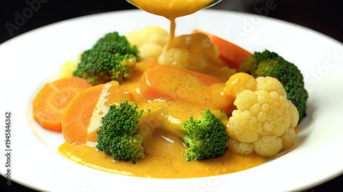 Creamy Indian Curry Sauce Poured Over Fresh Steamed Vegetables