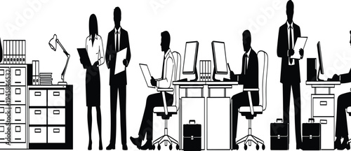 Black and white of business people working at office desks with computers and filing cabinets