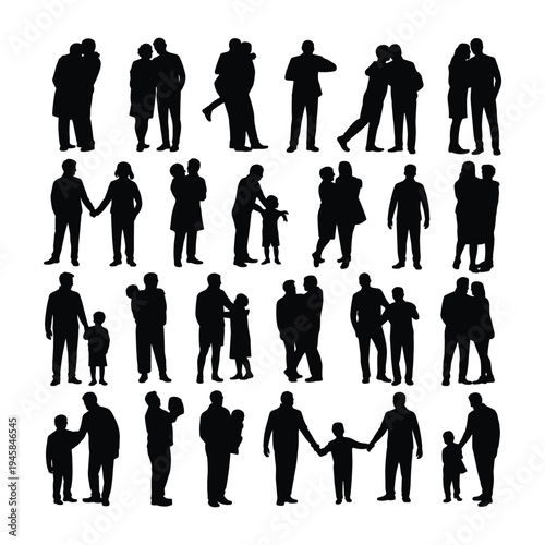 Silhouettes of people in various poses and interactions