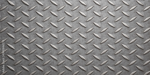 Industrial silver metal plate with a seamless diamond pattern texture on a rough gray aluminum sheet surface for construction design backdrop