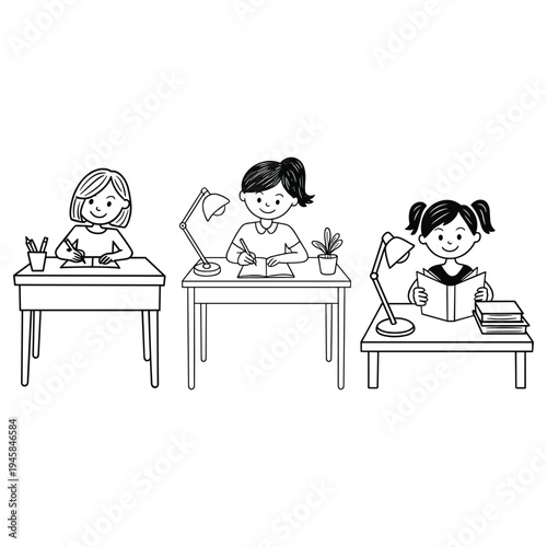 Three children reading and studying at desks with lamps
