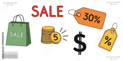 Sale Cartoon Icon Illustration Showing Shopping Bag Coins Price Tag Discount Promotion Concept