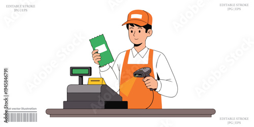 Cashier Cartoon Illustration Showing Retail Checkout With Barcode Scanner Payment And Shopping Concept