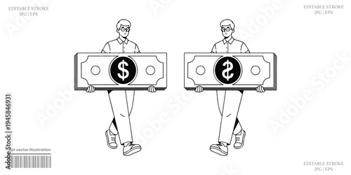 Money Cartoon Stick Figures Illustration Showing Dollar Versus Cent Comparison With Currency Concept