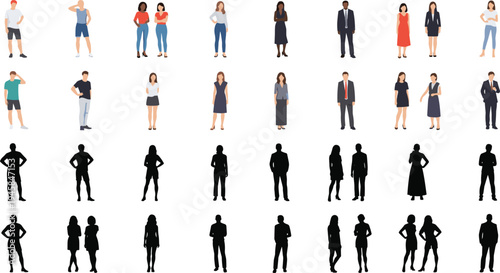 Flat people characters and black silhouettes, diverse men and women in casual and business outfits, standing poses, vector illustration isolated.