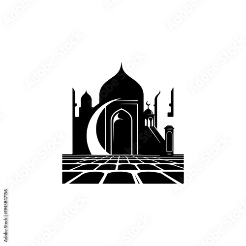 Elegant Mosque Silhouette with Crescent Moon