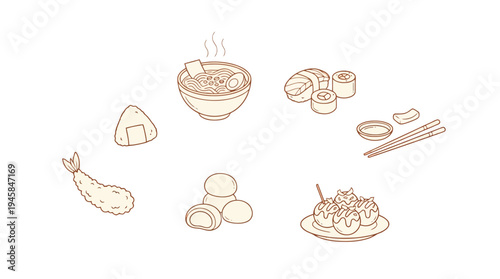 Japanese Food Ramen Sushi Onigiri Takoyaki Tempura Mochi Doodle Minimalist Hand-drawn Orange Line Art Vector Icon Set