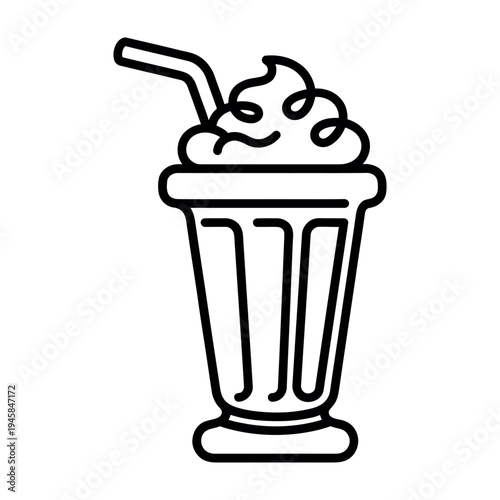 Minimalist Black and White Line Art Icon of a Delicious Milkshake with Whipped Cream