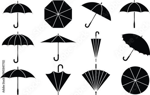 black umbrella silhouette icon set featuring various open closed and folded parasol designs for weather and protection concepts,