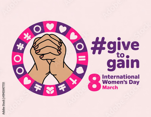 Cartoon character promoting a charitable campaign with hashtag give to gain