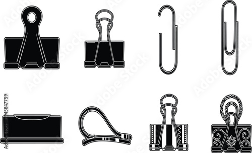 Black and white of various binder clips and paper clips office supplies